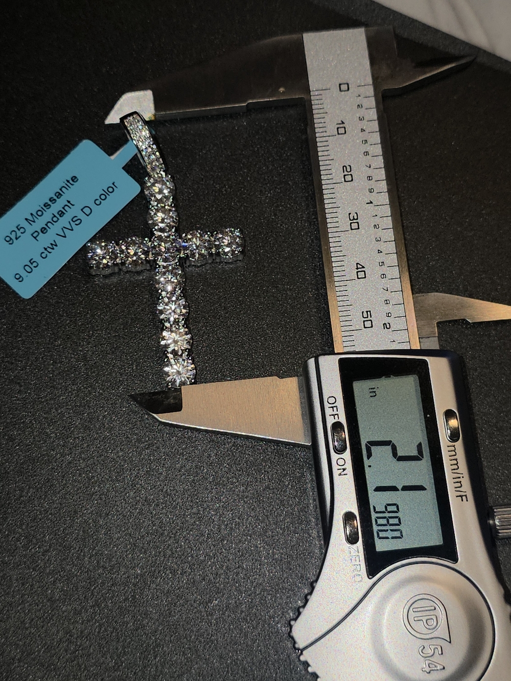 925 Sterling Silver 9.05 CTW VVS D Color Moissanite Tennis Cross Pendant 55mm - Picture 6 of 9